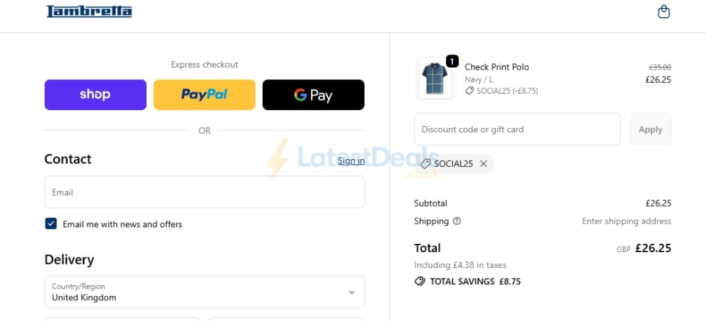 Screenshot of the Lambretta Clothing discount code working