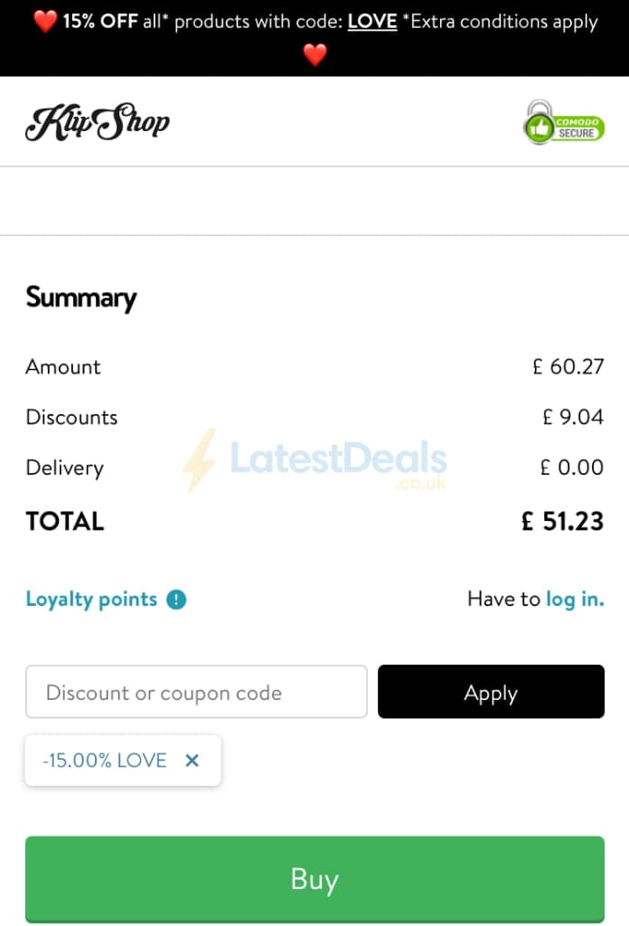 Screenshot of the KlipShop discount code working