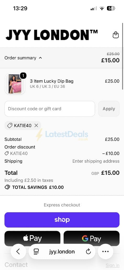 Screenshot of the JYY London discount code working