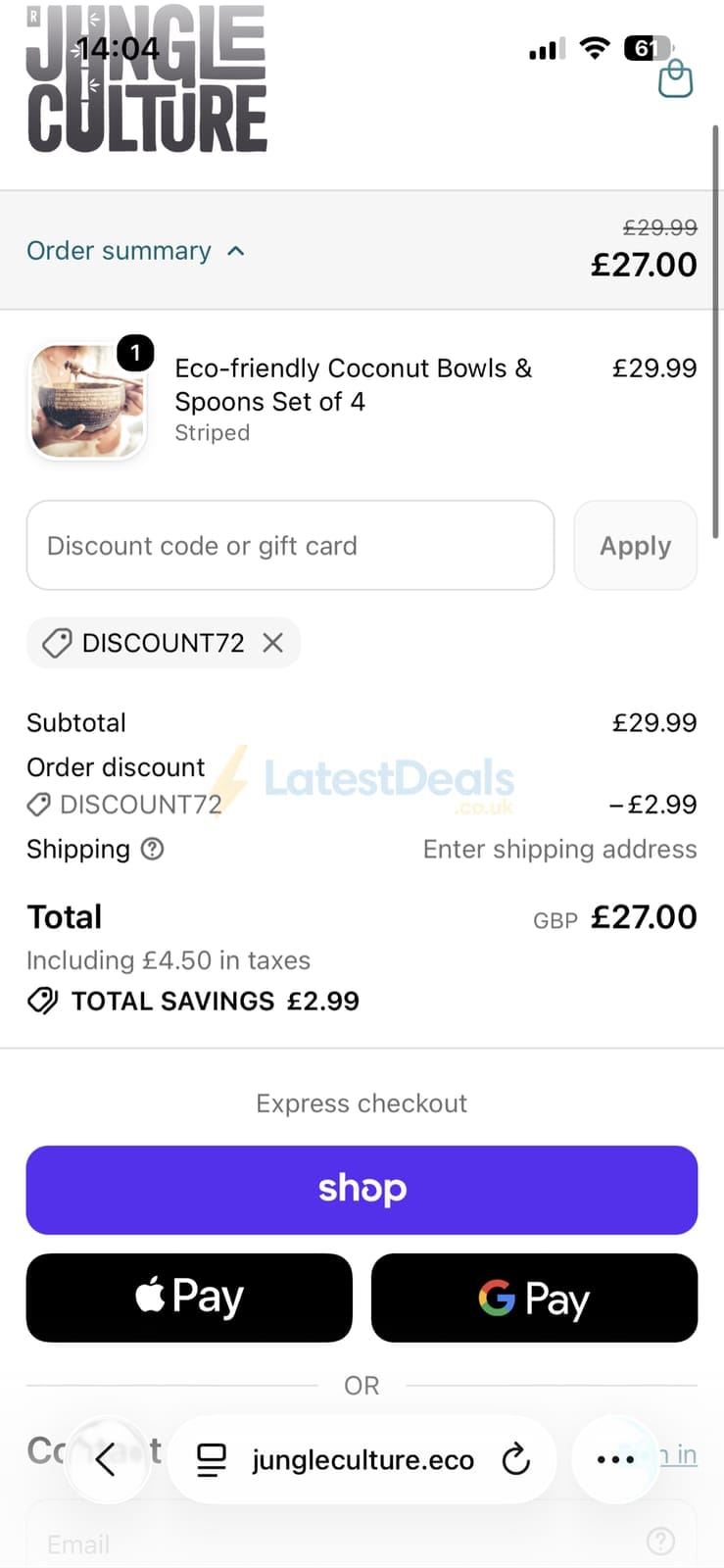 Screenshot of the Jungle Culture discount code working