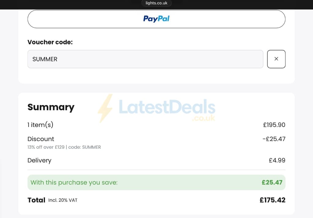 Screenshot of the lights.co.uk discount code working