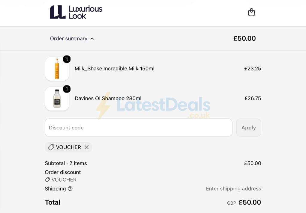 Screenshot of the LuxuriousLook discount code working
