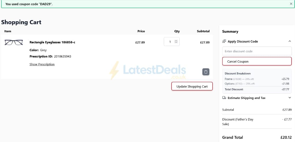 Screenshot of the Goggles4u discount code working