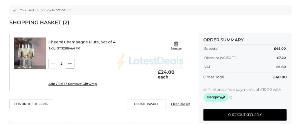Screenshot of the Dartington Crystal discount code working