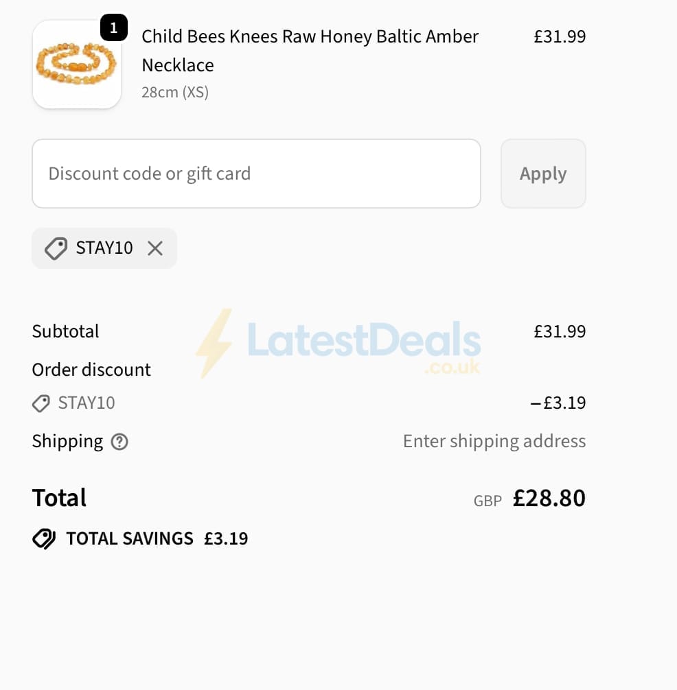 Screenshot of the Love Amber X discount code working