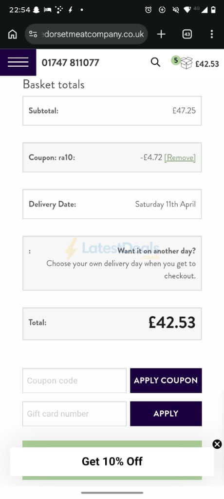 Screenshot of the The Dorset Meat Company discount code working