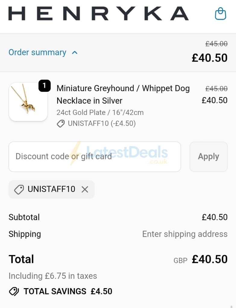 Screenshot of the Henryka discount code working