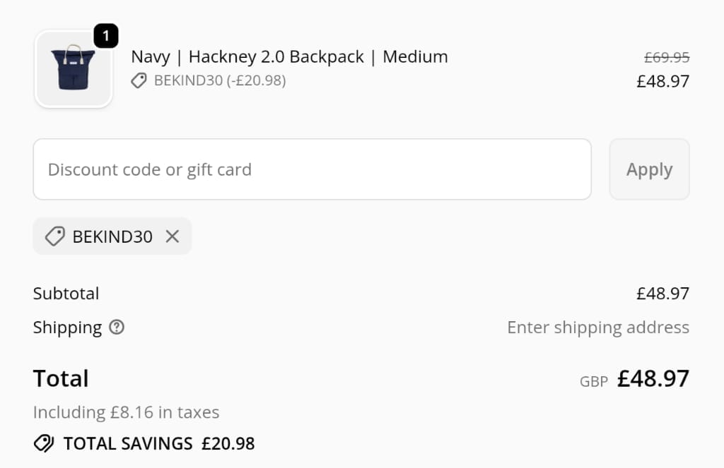 Screenshot of the Kind Bag discount code working