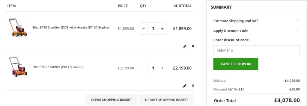 Screenshot of the Just Lawnmowers discount code working