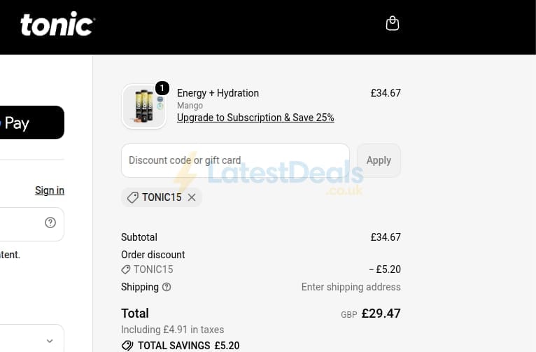 Screenshot of the Tonic Health discount code working