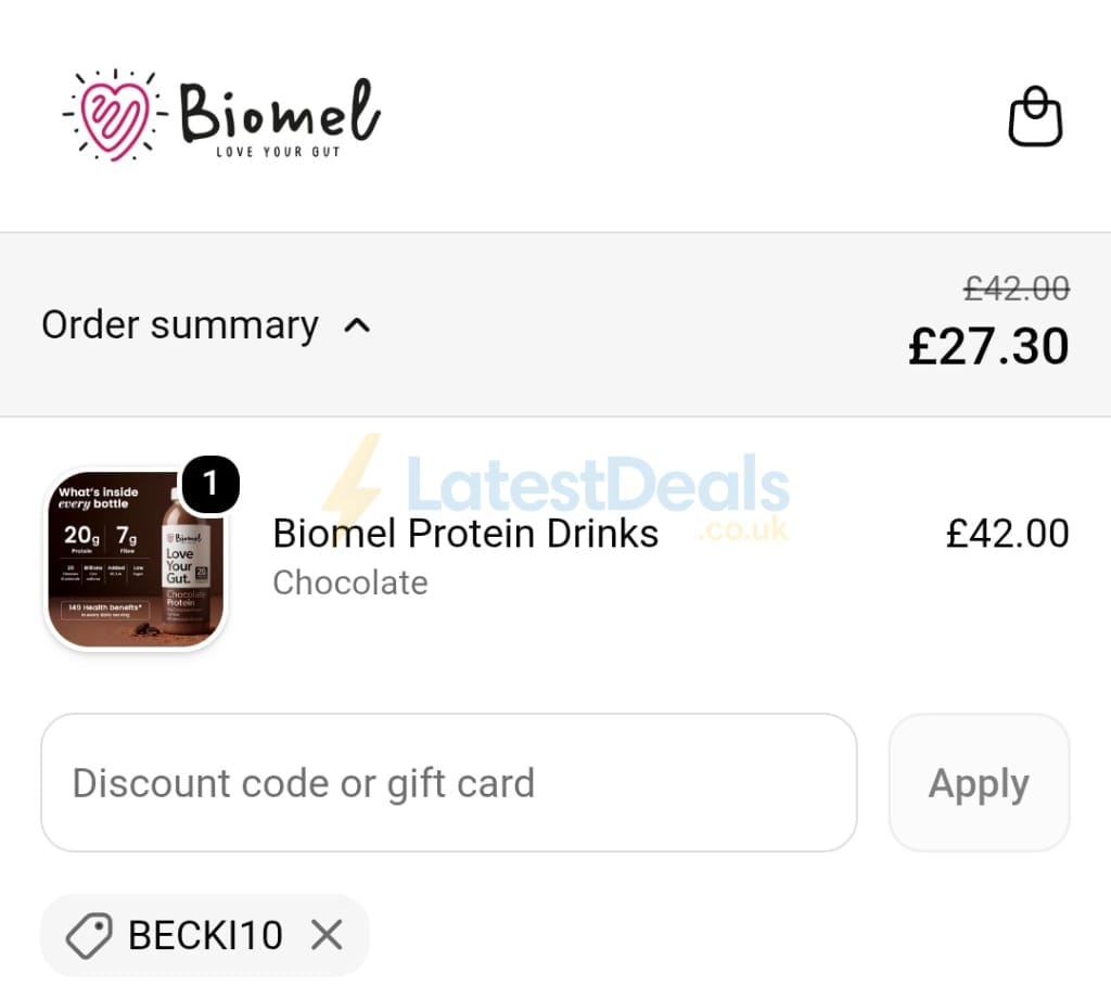 Screenshot of the Biomel discount code working