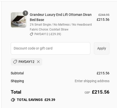 Screenshot of the Divan Base Direct discount code working