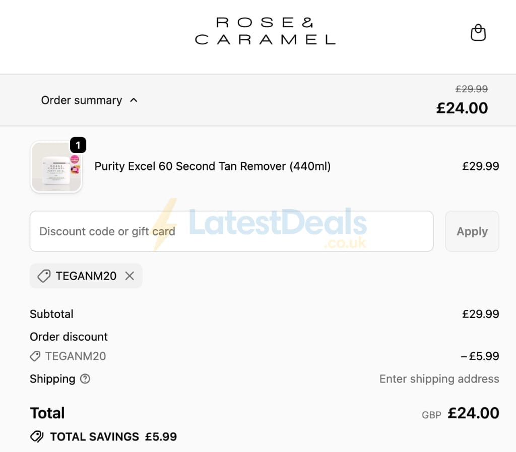 Screenshot of the Rose and Caramel discount code working