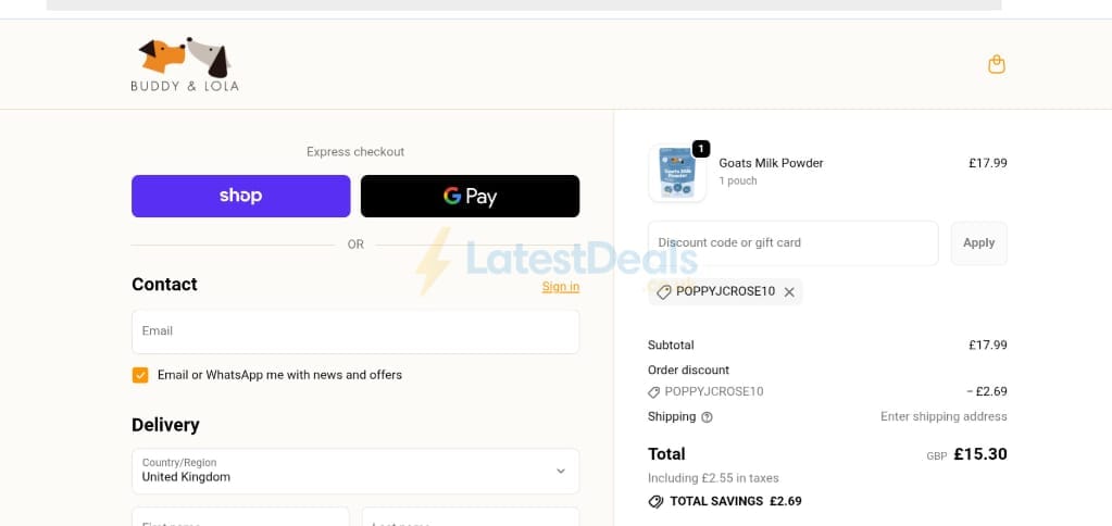 Screenshot of the Buddy & Lola discount code working