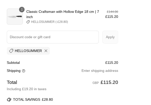 Screenshot of the Wusthof discount code working