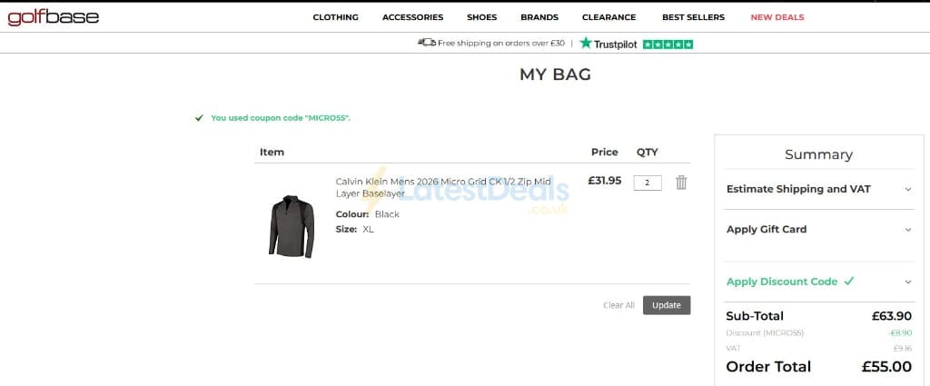 Screenshot of the Golfbase discount code working