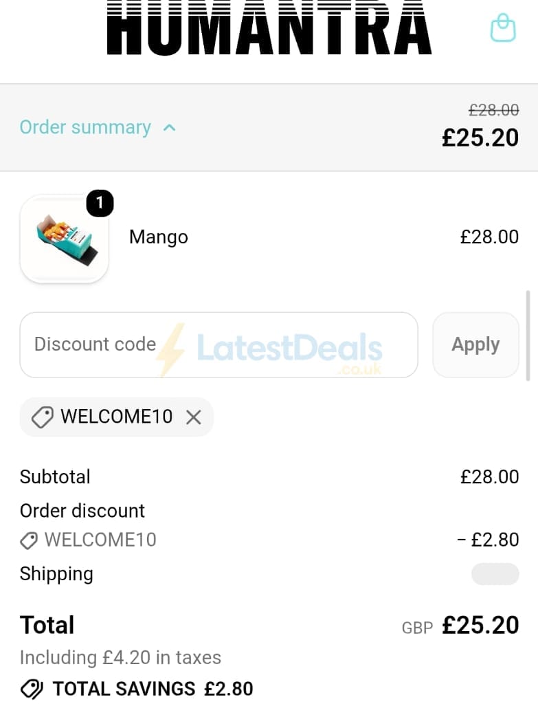 Screenshot of the Humantra discount code working