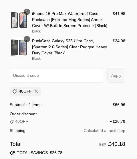 Screenshot of the Punkcases discount code working