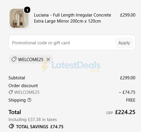 Screenshot of the William Wood Mirrors discount code working