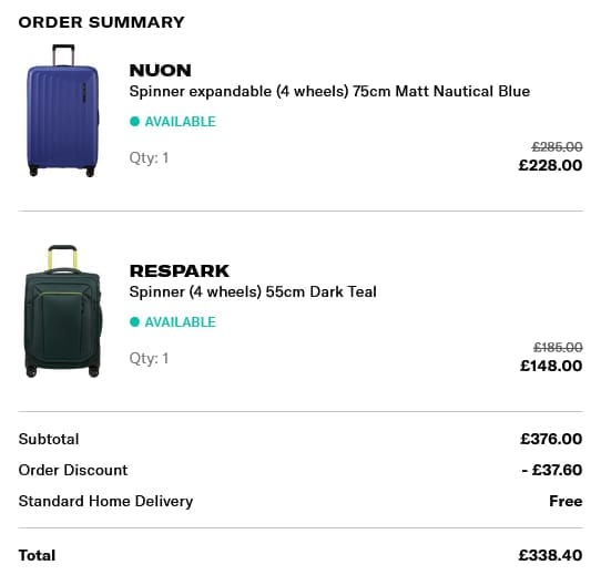 Screenshot of the Samsonite discount code working
