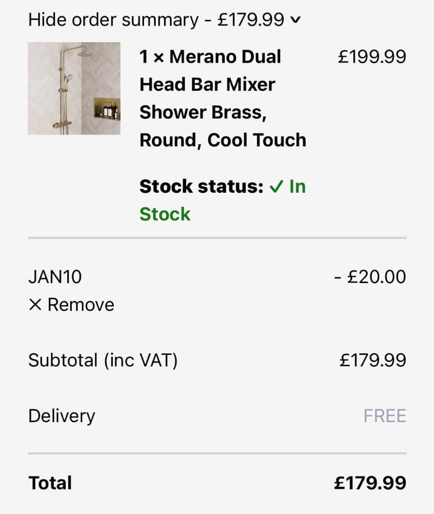 Screenshot of the Plumbworld discount code working