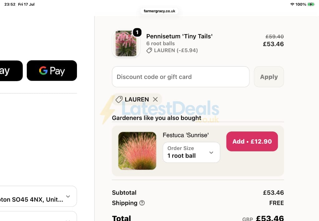 Screenshot of the Farmer Gracy discount code working