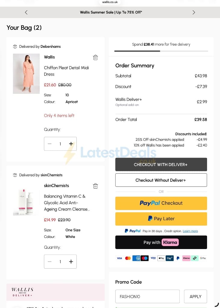 Screenshot of the Wallis discount code working