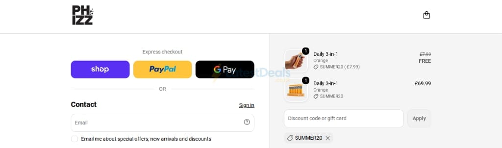 Screenshot of the Phizz discount code working