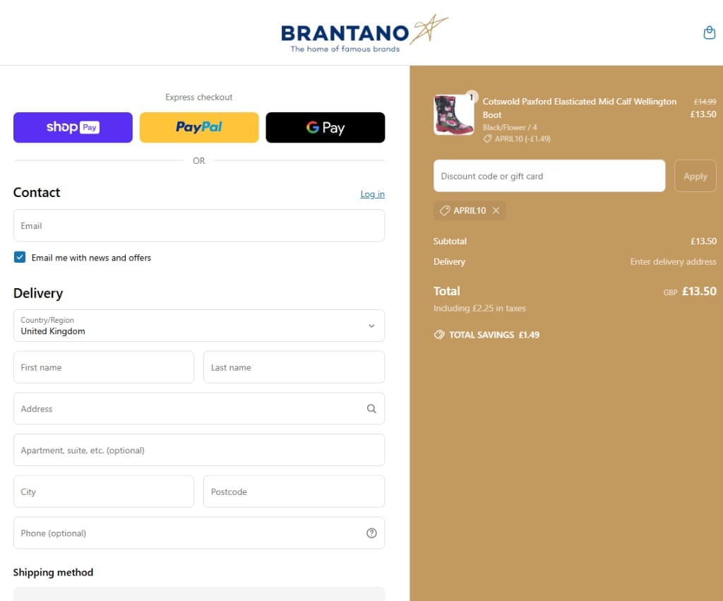 Screenshot of the Brantano discount code working