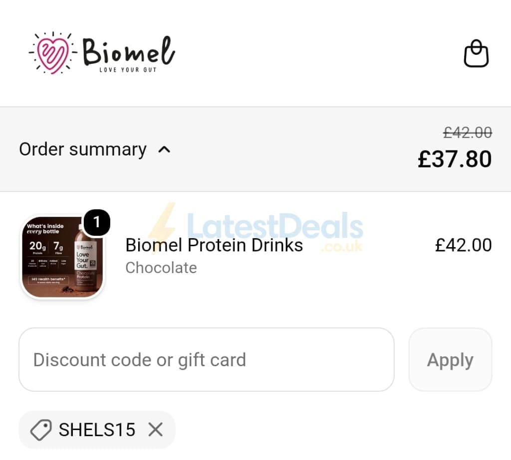 Screenshot of the Biomel discount code working