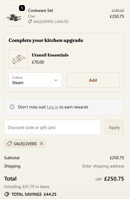 Screenshot of the Our Place discount code working