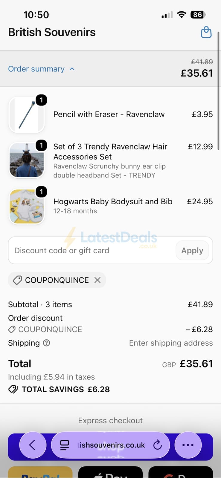 Screenshot of the British Souvenirs discount code working