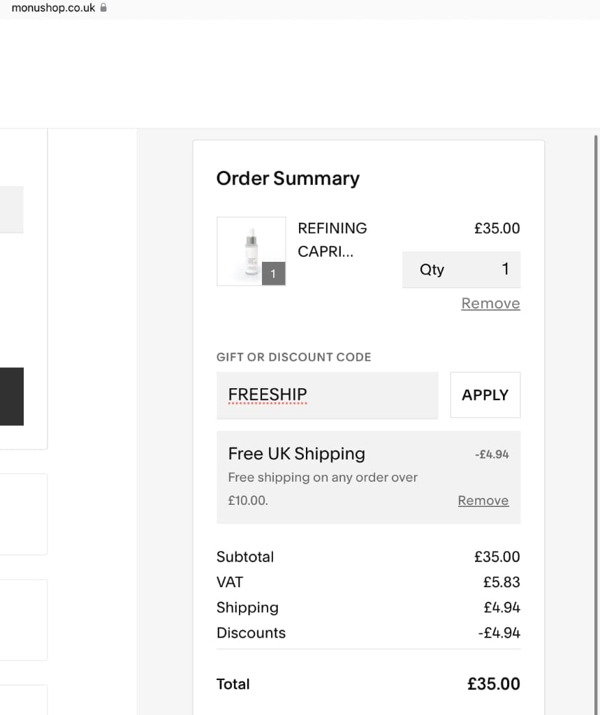 Screenshot of the Monu Shop discount code working