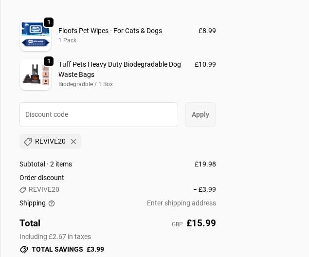 Screenshot of the Tuff Pets discount code working