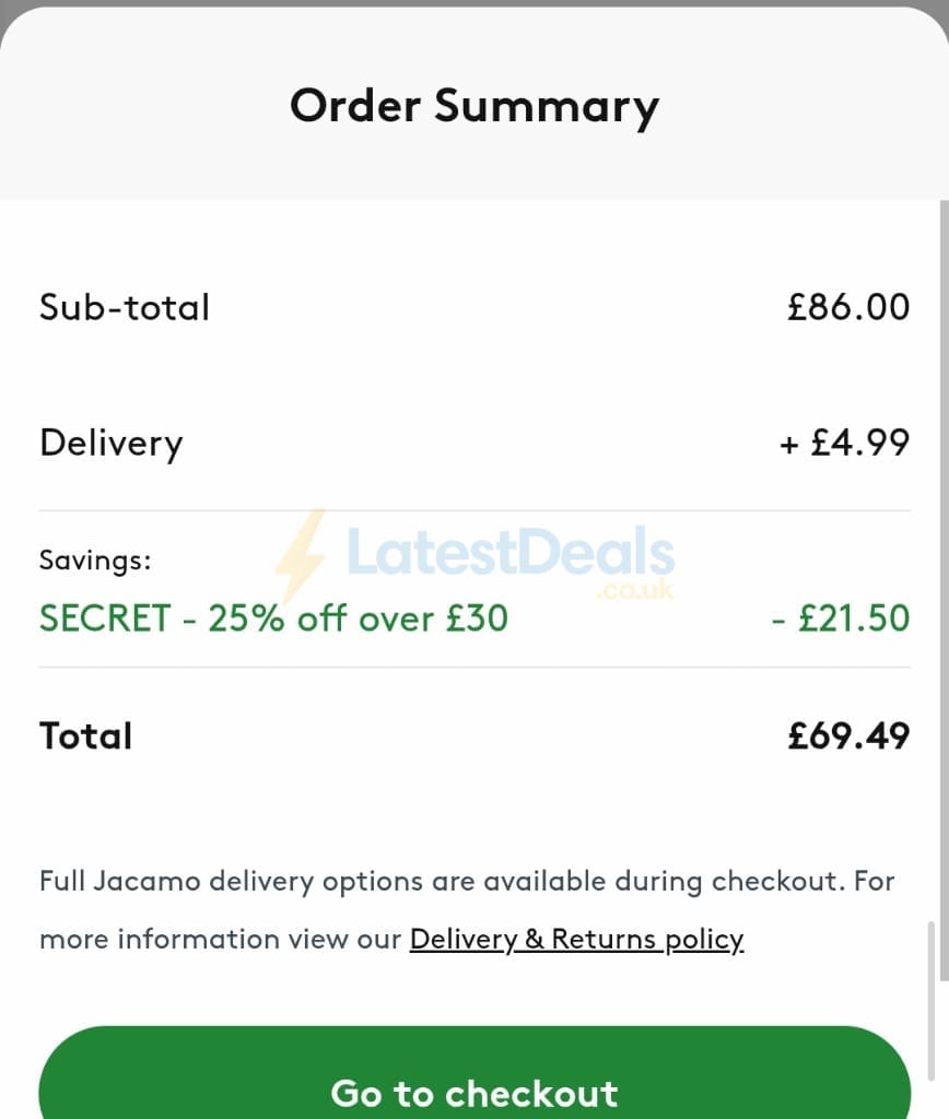 Screenshot of the Jacamo discount code working
