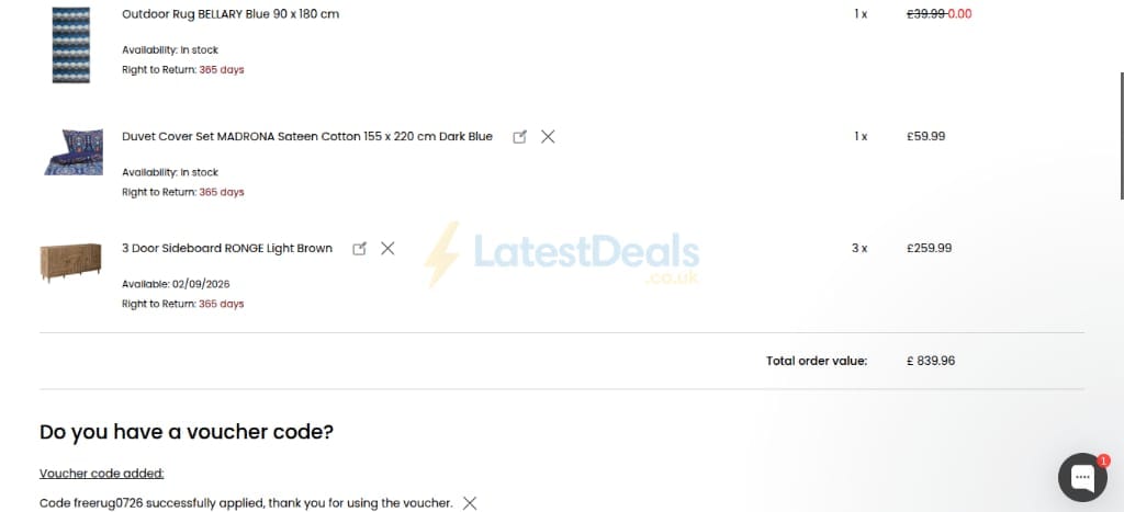 Screenshot of the Beliani discount code working