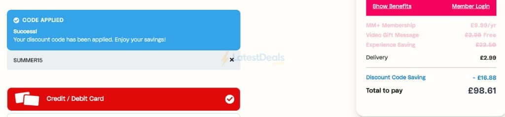Screenshot of the Virgin Experience Days discount code working