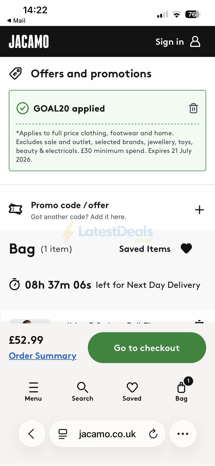 Screenshot of the Jacamo discount code working