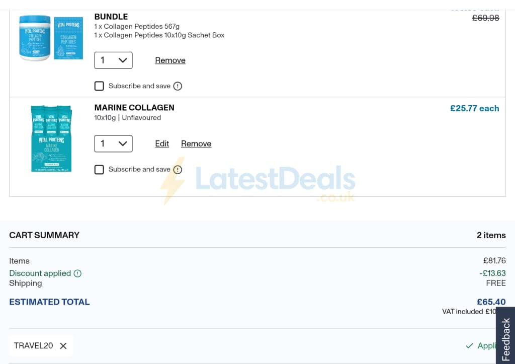 Screenshot of the Vital Proteins discount code working