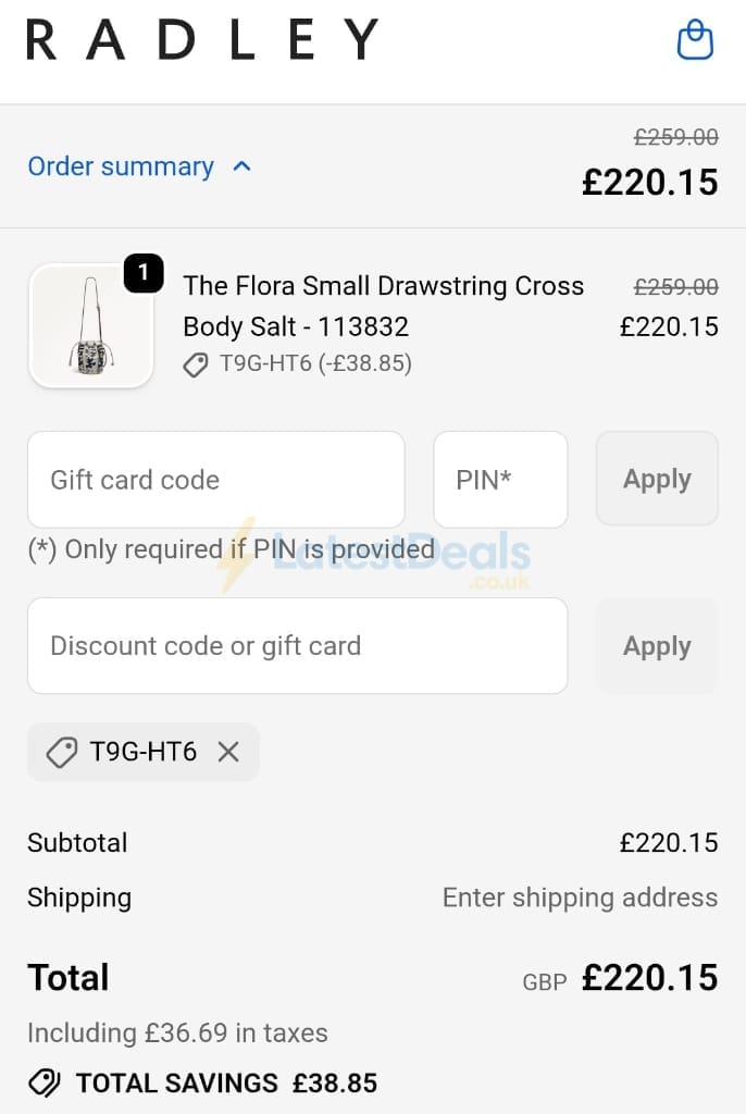 Screenshot of the Radley London discount code working