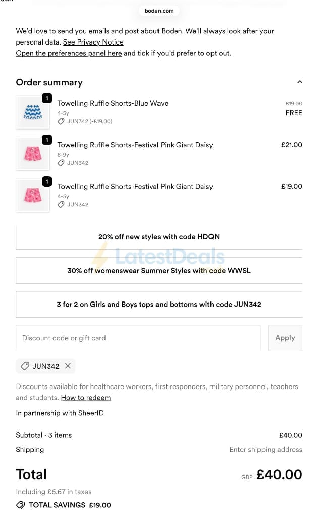 Screenshot of the BODEN discount code working