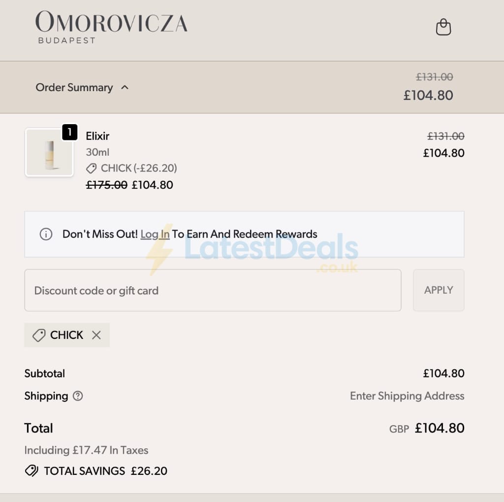 Screenshot of the Omorovicza discount code working