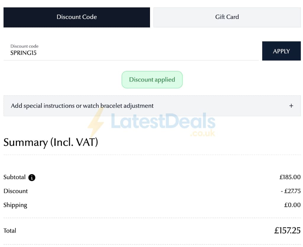 Screenshot of the James Moore Jewellers discount code working