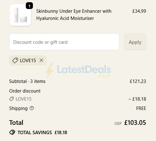 Screenshot of the Skinbunny discount code working