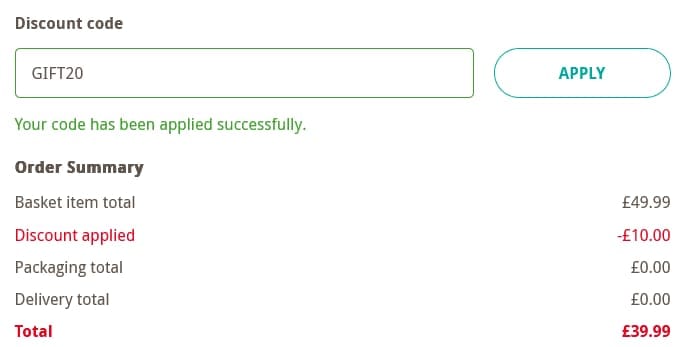 Screenshot of the Buyagift discount code working