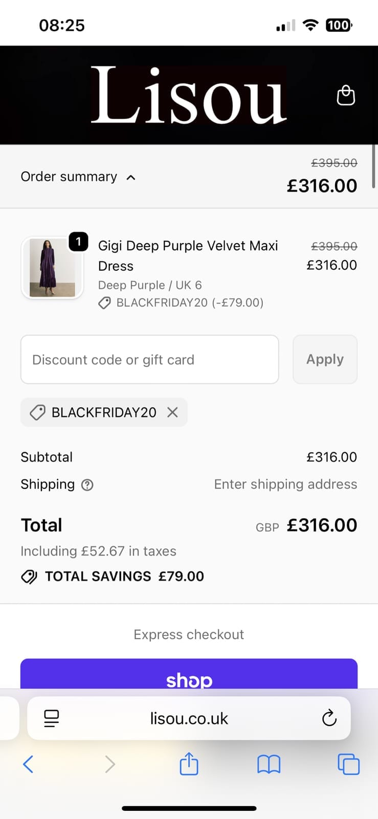 Screenshot of the Lisou discount code working