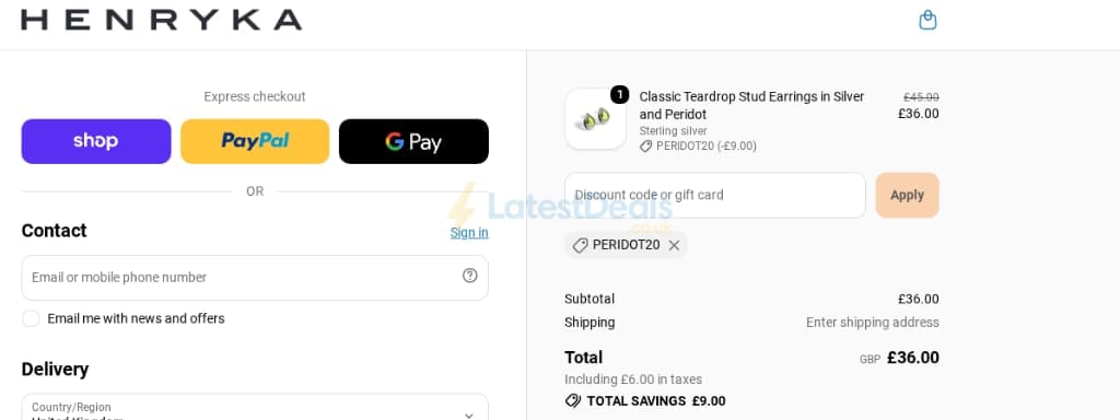 Screenshot of the Henryka discount code working