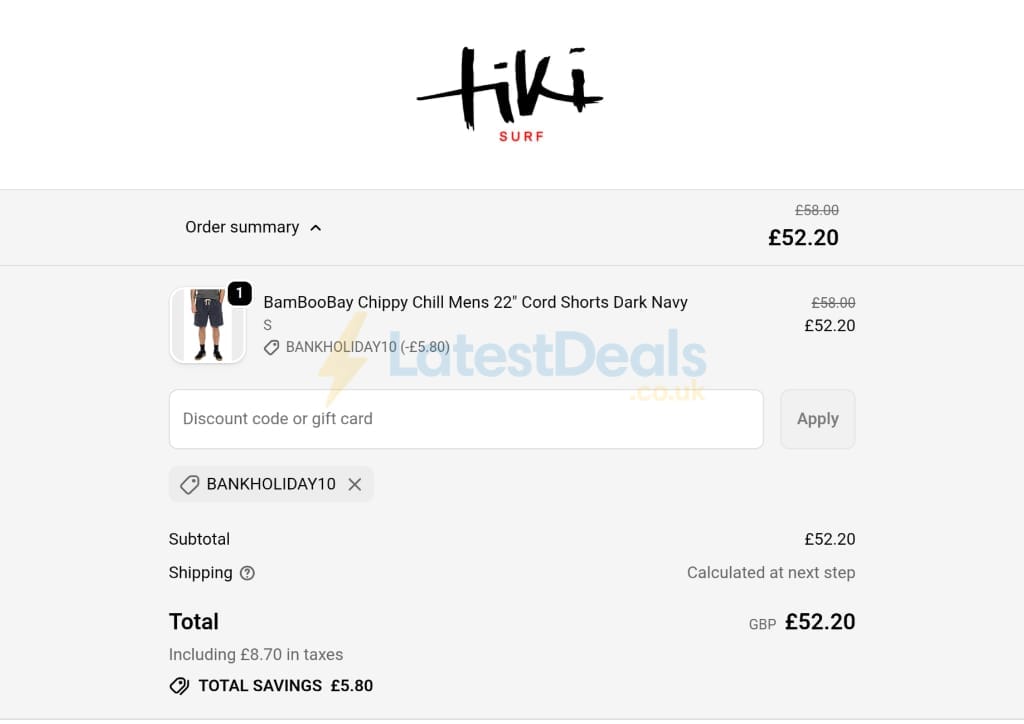 Screenshot of the Tiki Surf discount code working