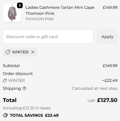 Screenshot of the Tartan Weaving Mill discount code working