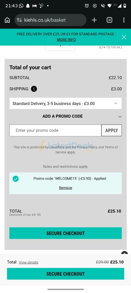 Screenshot of the Kiehl's discount code working